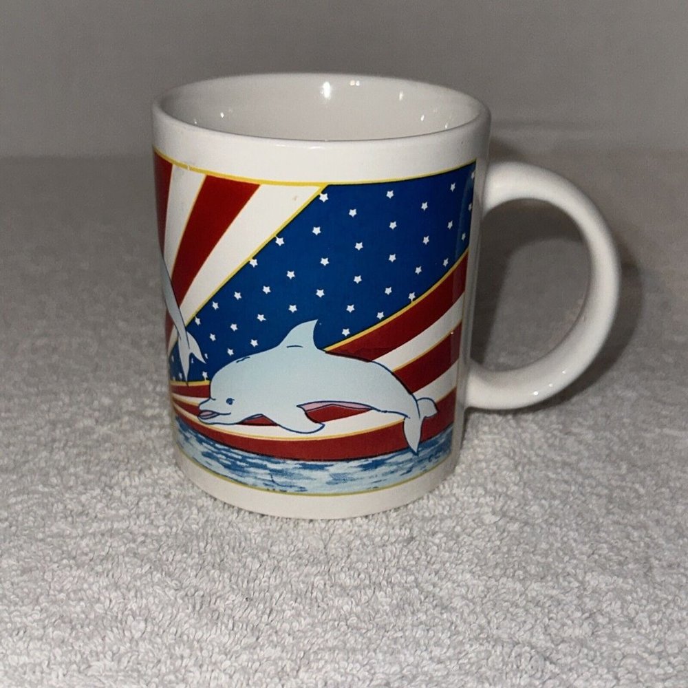 Vintage Florida Dolphin Souvenir Coffee Mug Orlando SeaWorld Stars and Stripes